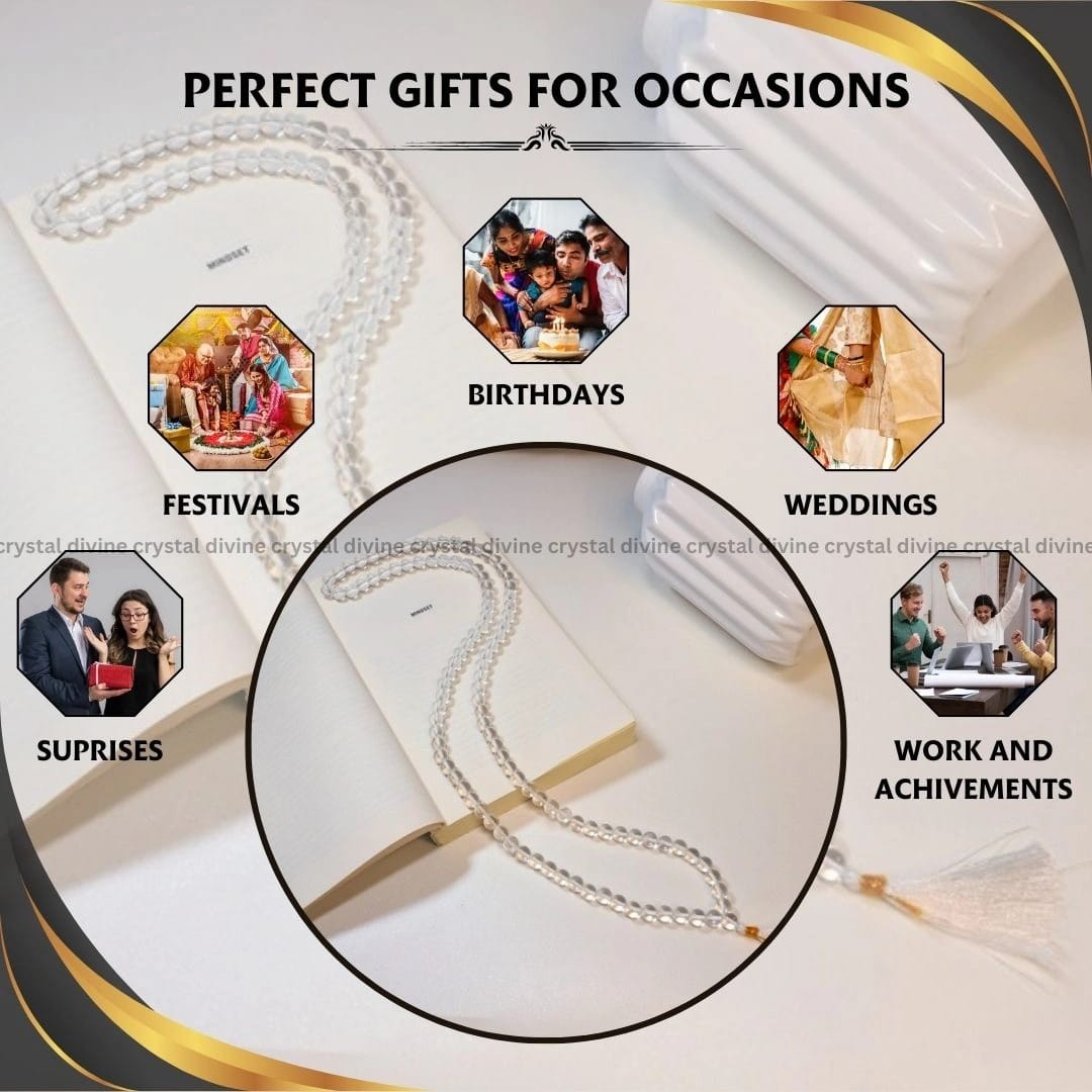 Clear Quartz Crystal Jaap Mala 108 Beads (Clarity & Focus)