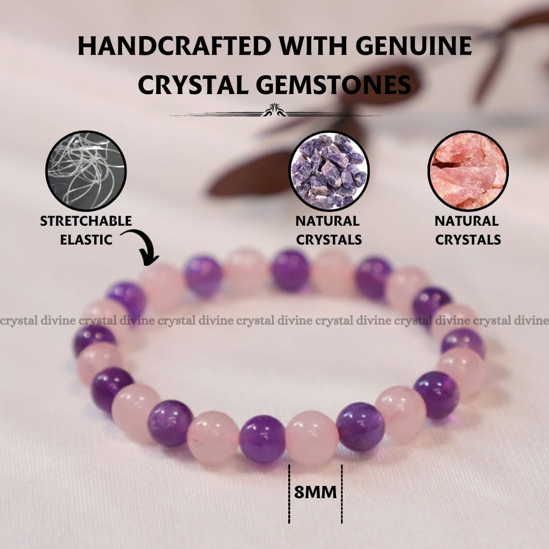 Rose Quartz + Amethyst Bracelet - 8 MM (Calming & Stress Reduction)