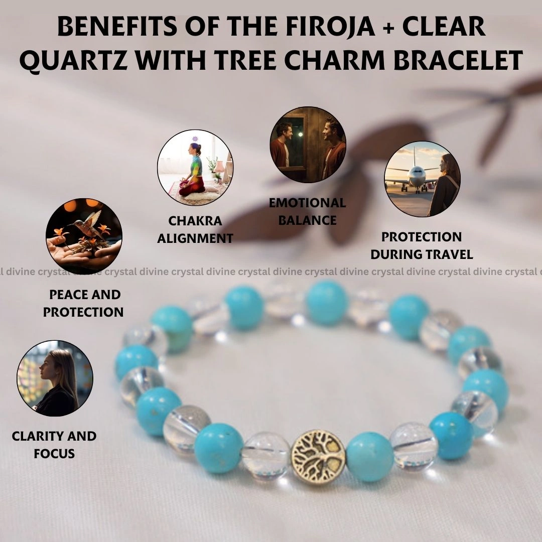 Firoza + Clear Quartz With Tree Charm Bracelet - 8 MM