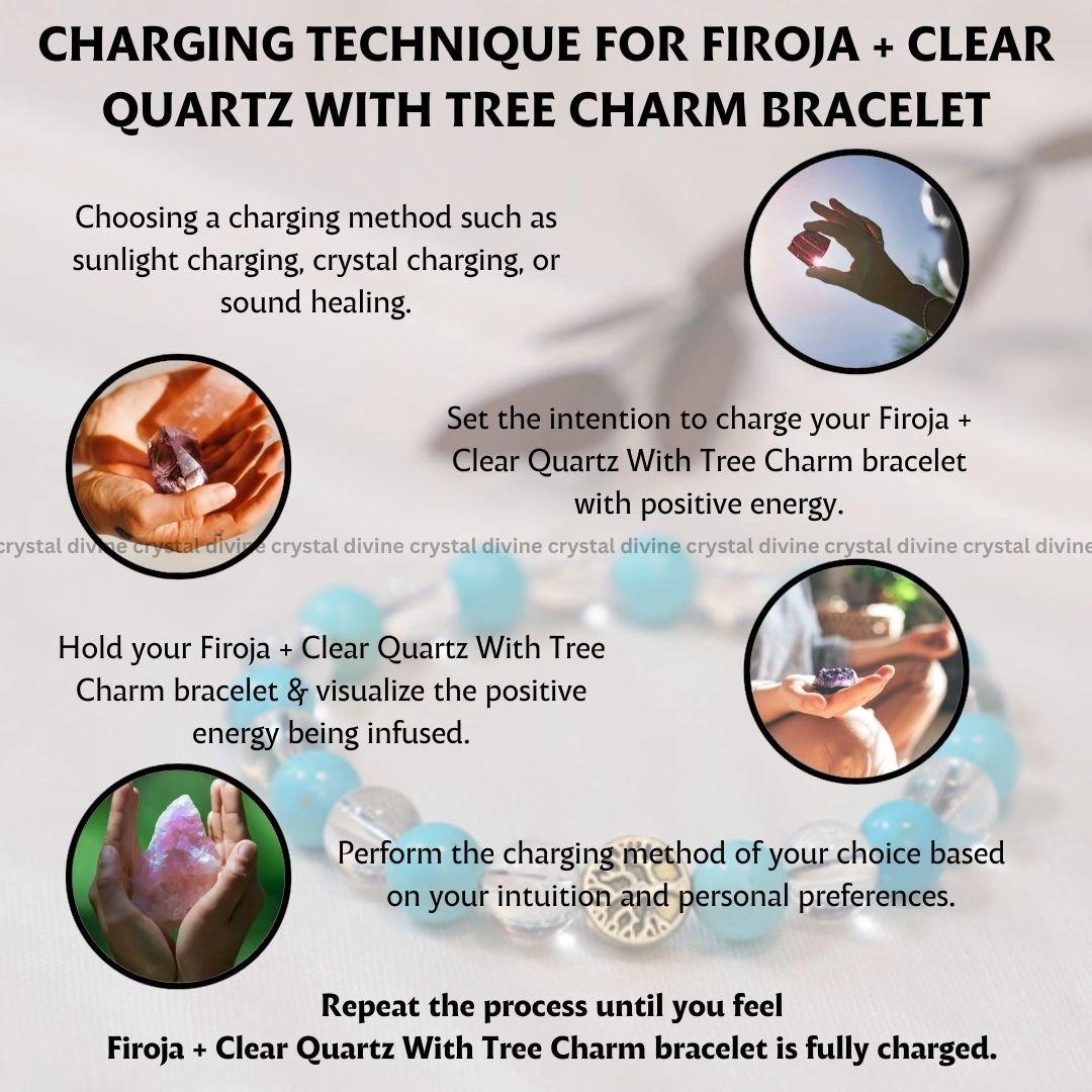 Firoza + Clear Quartz With Tree Charm Bracelet - 8 MM (Mental Clarity & Focus)