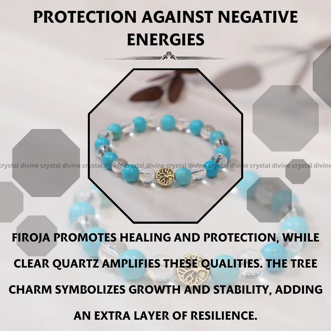 Firoza + Clear Quartz With Tree Charm Bracelet - 8 MM (Mental Clarity & Focus)