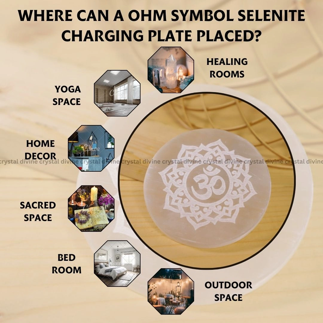 Om Symbol Selenite Charging Plate (Cleansing Energy & Recharging Crystals)