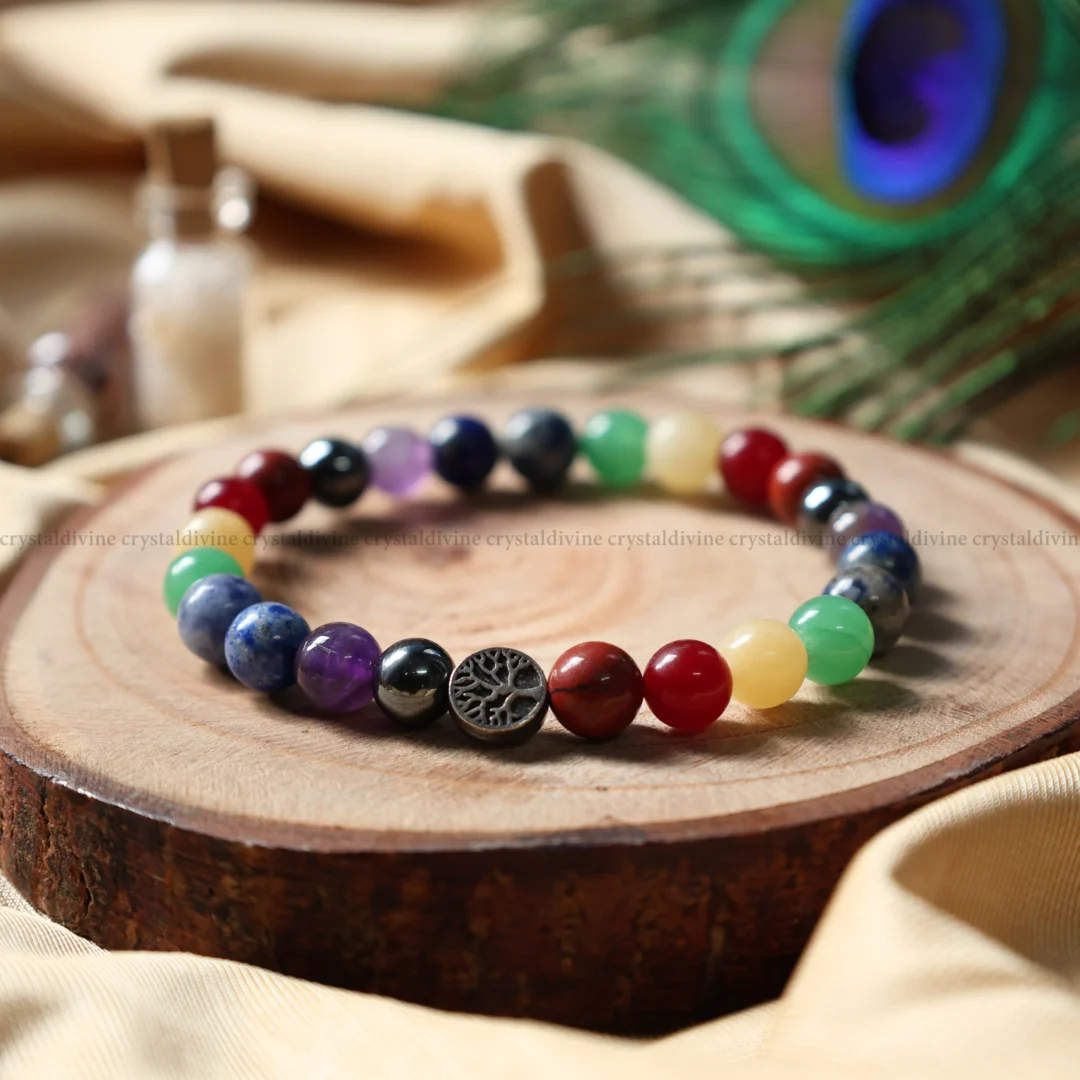 Seven Chakra With Tree Charm Bracelet - 8 MM (Emotional & Mental Stability)