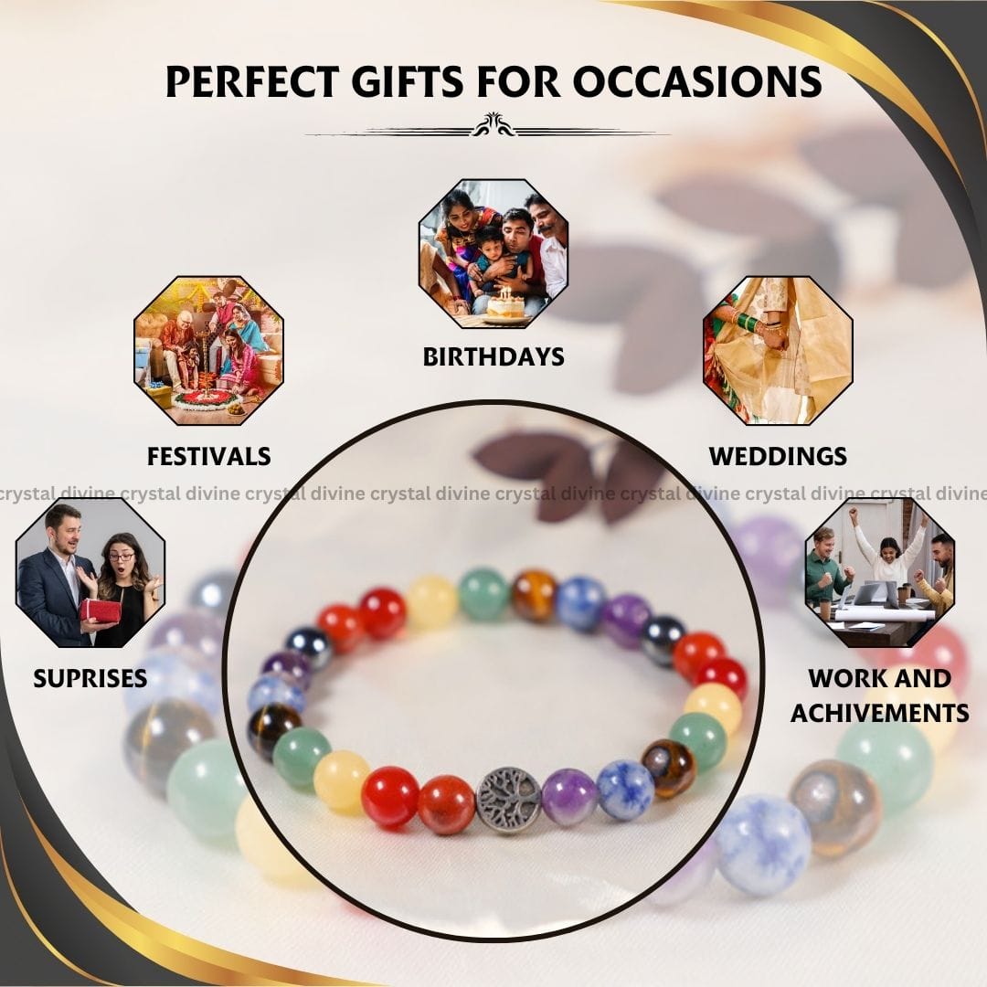 Seven Chakra With Tree Charm Bracelet - 8 MM (Emotional & Mental Stability)