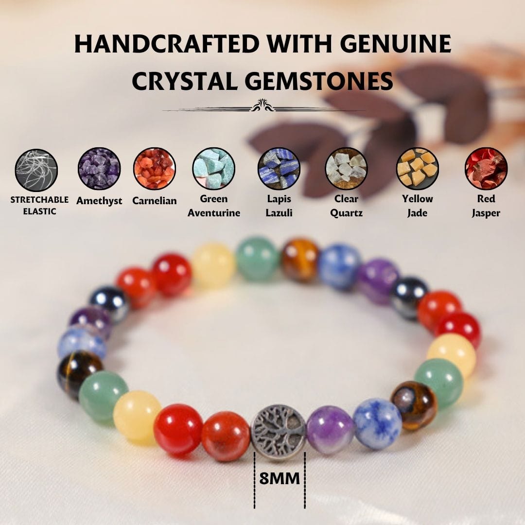 Seven Chakra With Tree Charm Bracelet - 8 MM (Emotional & Mental Stability)