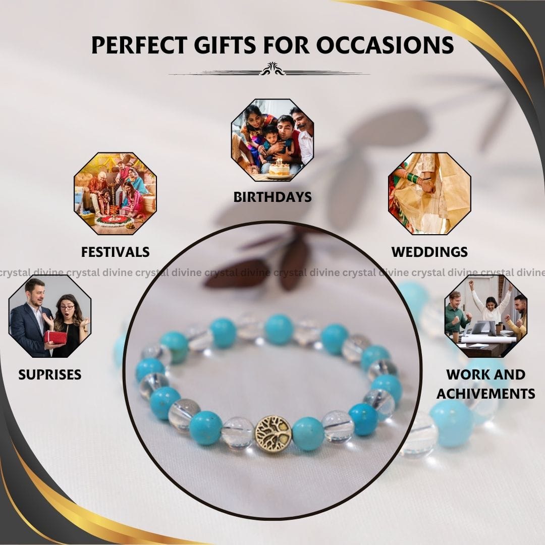 Firoza + Clear Quartz With Tree Charm Bracelet - 8 MM (Mental Clarity & Focus)