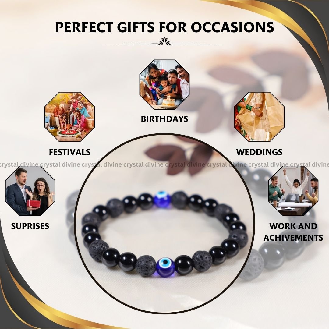 Evil Eye + Black Tourmaline + Lava Bracelet - 8 MM (Grounding & Protection)