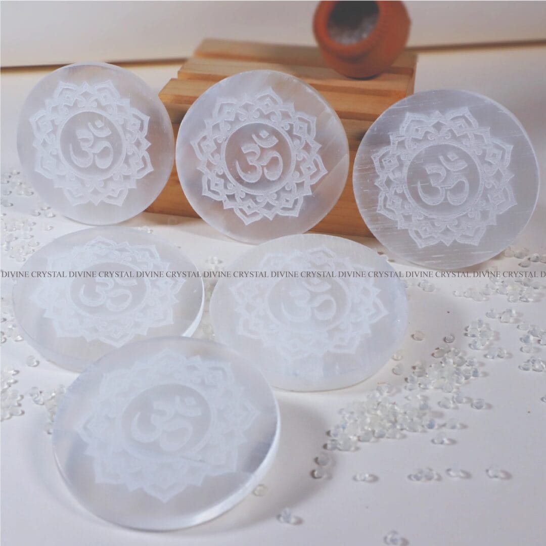 Om Symbol Selenite Charging Plate With Wooden Box (Cleansing Energy & Recharging Crystals)