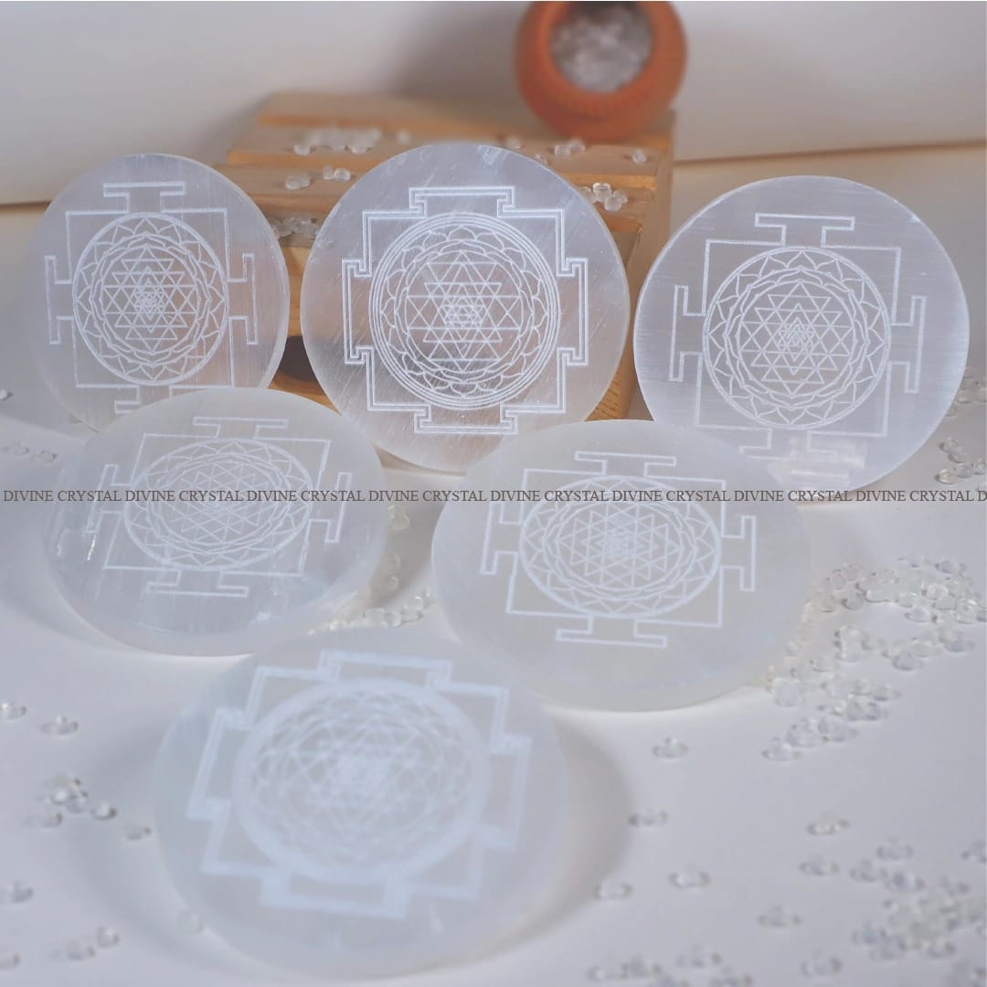 Engraved Sri Yantra Selenite Charging Plate With Wooden Box (Cleansing Energy & Recharging Crystals)