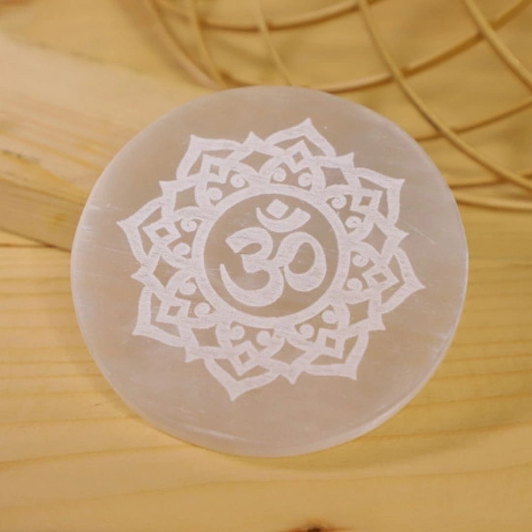 Om Symbol Selenite Charging Plate  (Cleansing Energy & Recharging Crystals)