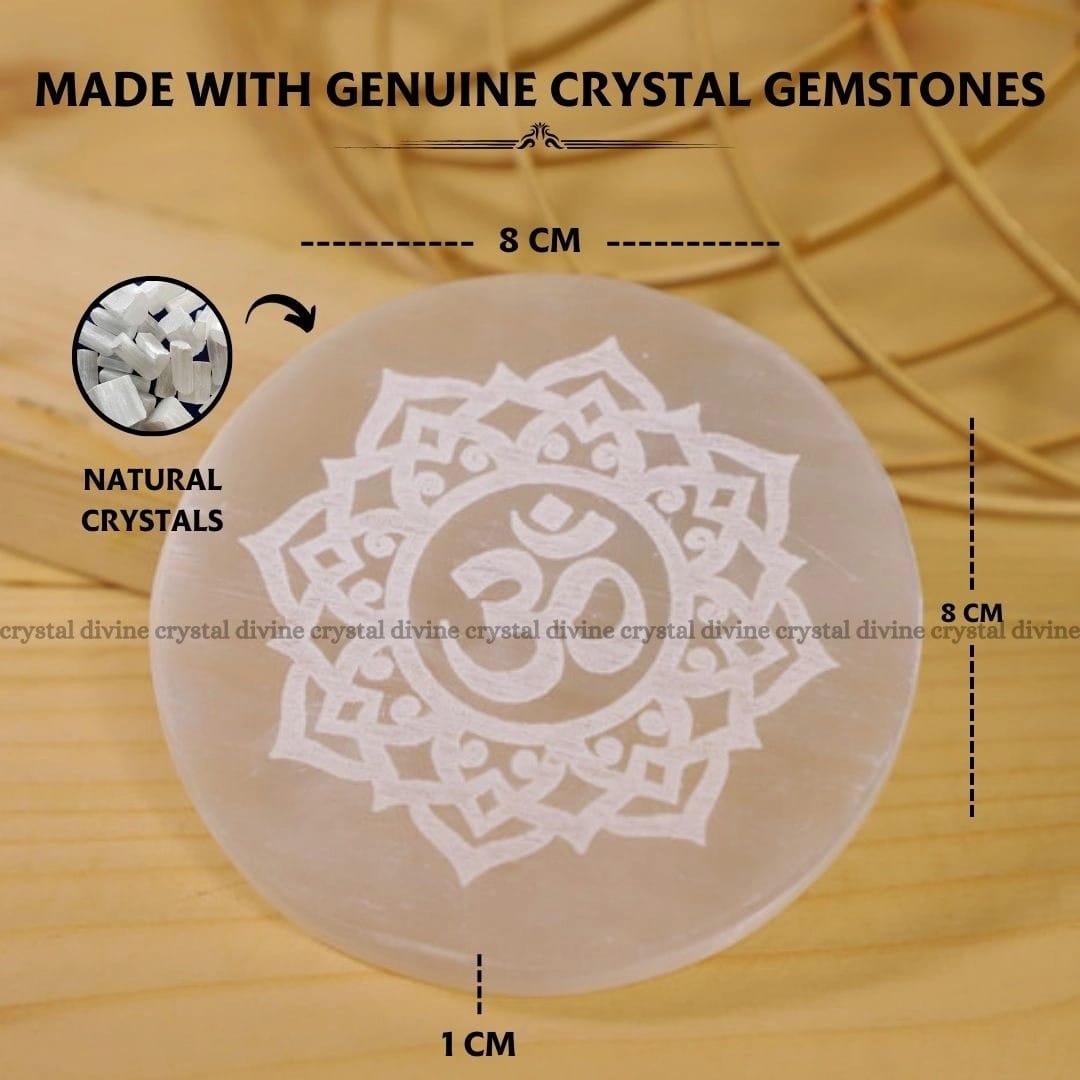 Om Symbol Selenite Charging Plate  (Cleansing Energy & Recharging Crystals)