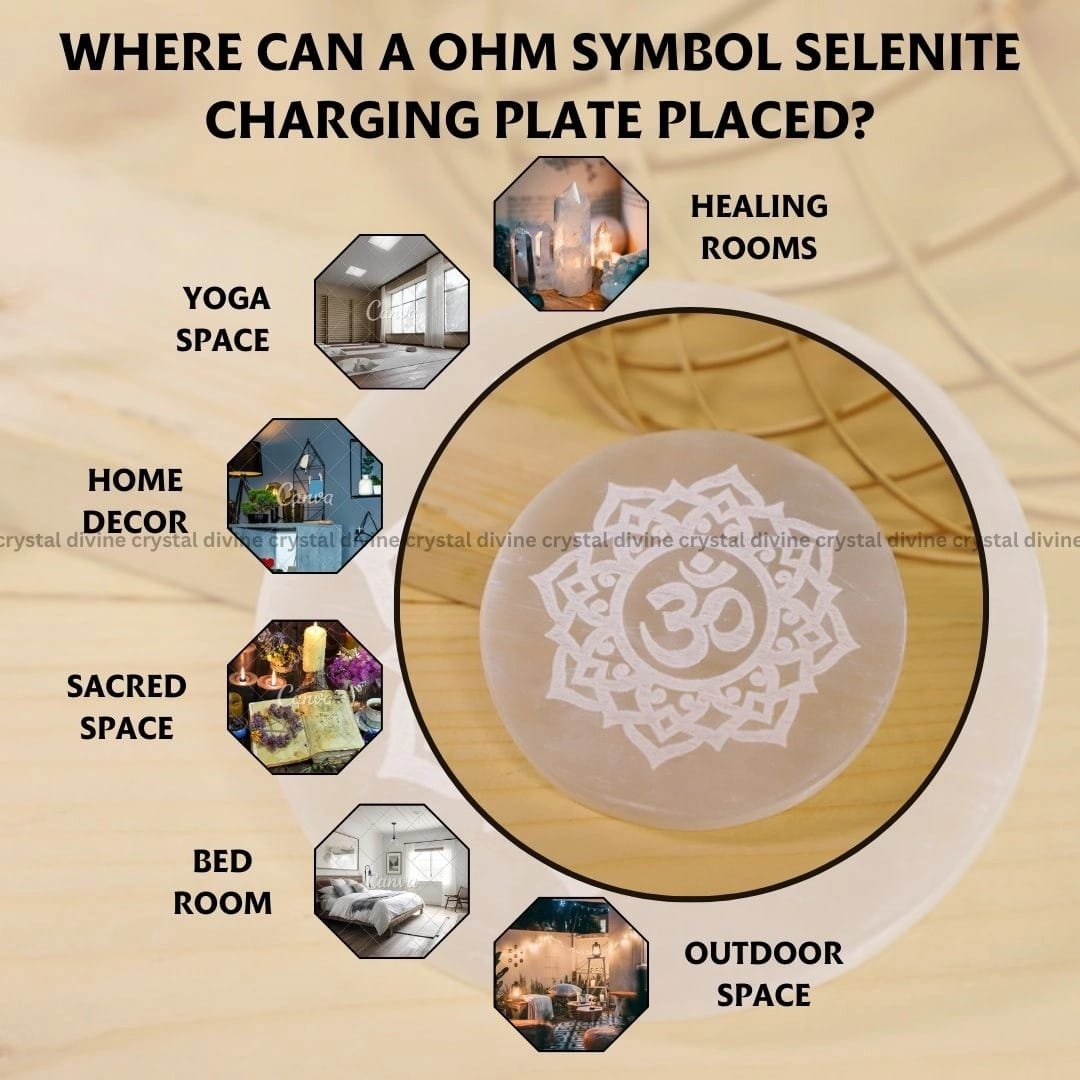 Om Symbol Selenite Charging Plate  (Cleansing Energy & Recharging Crystals)