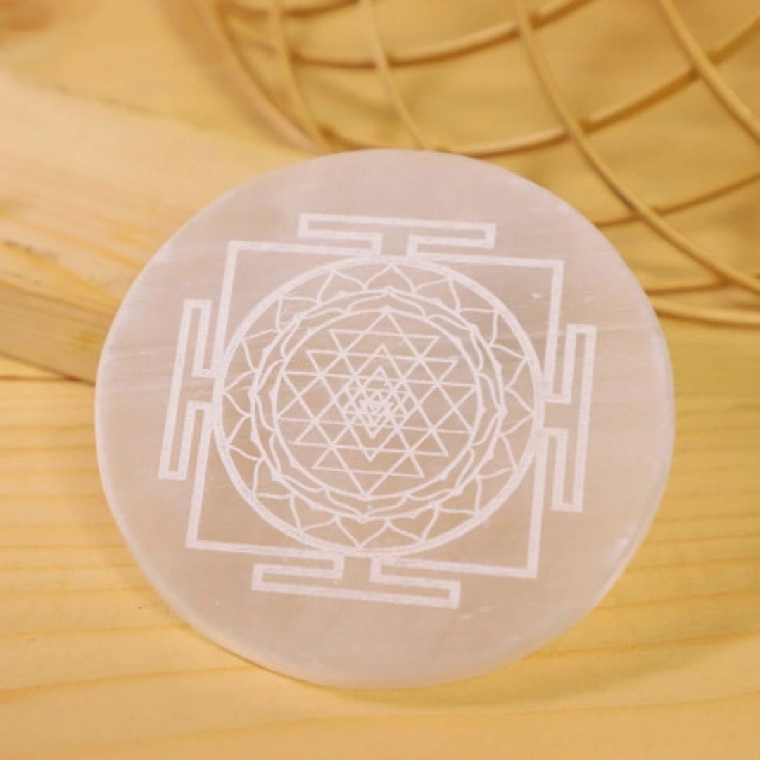Engraved Sri Yantra Selenite Charging Plate  (Cleansing Energy & Recharging Crystals)