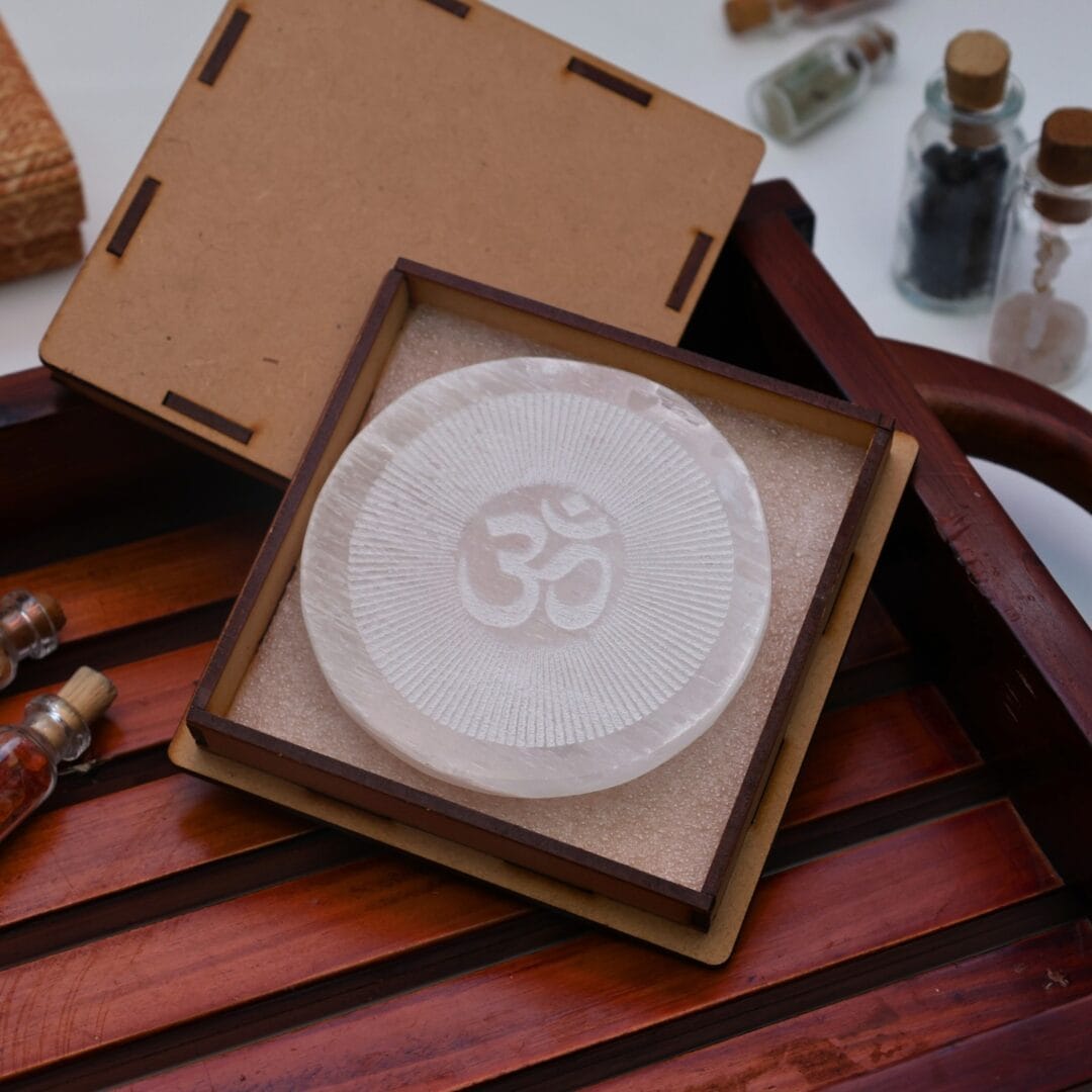 Om Chakra Selenite Charging Plate With Wooden box (Cleansing Energy & Recharging Crystals)