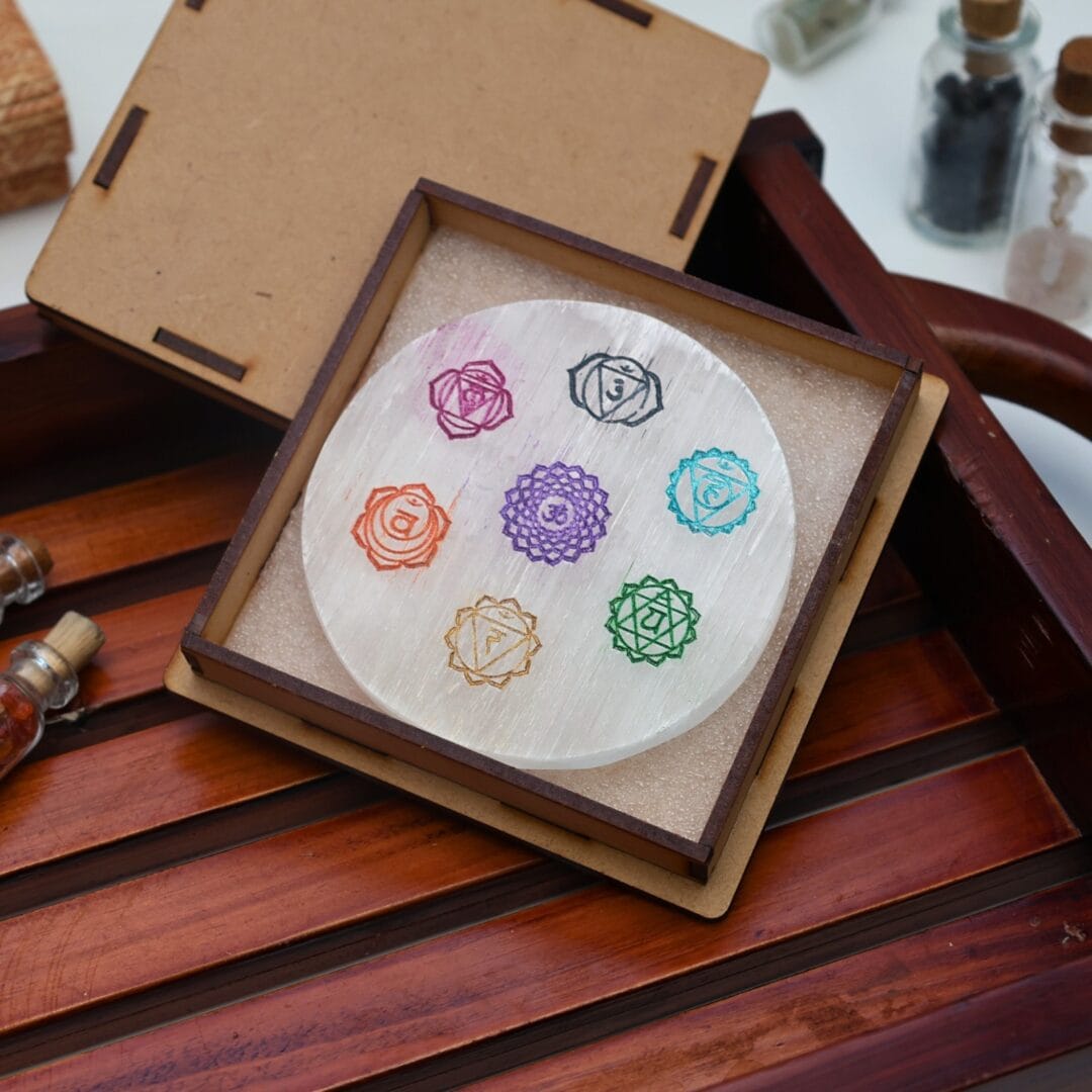 7 Chakra Selenite Charging Plate With Wooden Box (Cleansing Energy & Recharging Crystals)