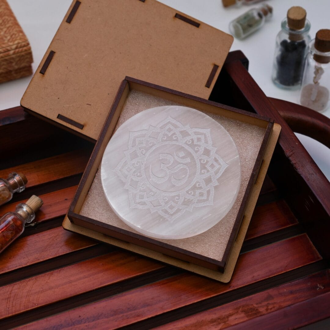 Om Symbol Selenite Charging Plate With Wooden Box (Cleansing Energy & Recharging Crystals)