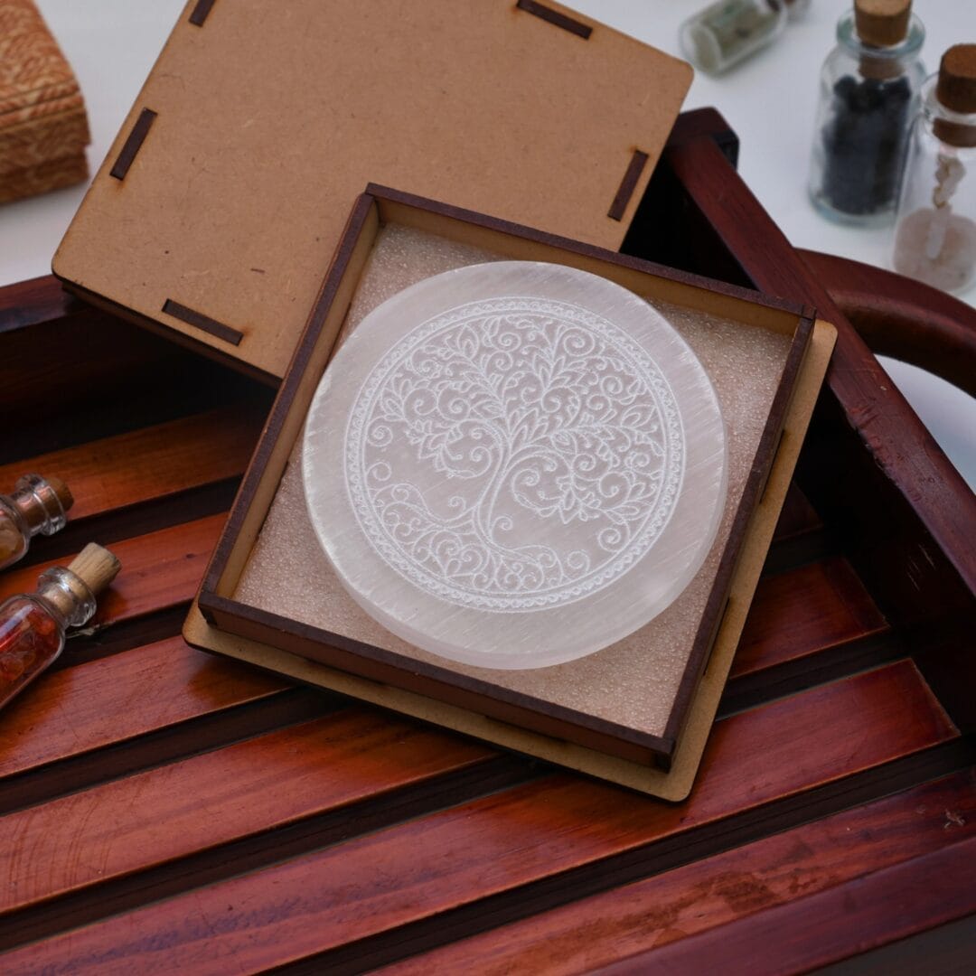 Tree Symbol Selenite Charging Plate With Wooden Box (Cleansing Energy & Recharging Crystals)
