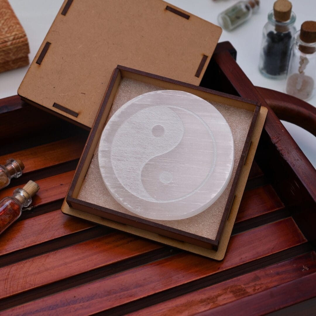 Infinity symbol Selenite Charging Plate With Wooden Box (Cleansing Energy & Recharging Crystals)