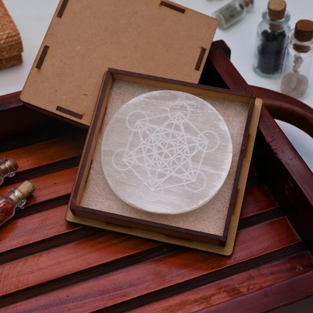 Astro Symbol Selenite Charging Plate With Wooden Box (Cleansing Energy & Recharging Crystals)
