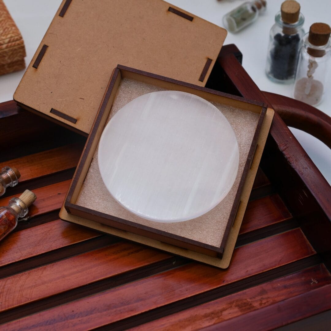 Normal Selenite Charging Plate With Wooden Box (Cleansing Energy & Recharging Crystals)