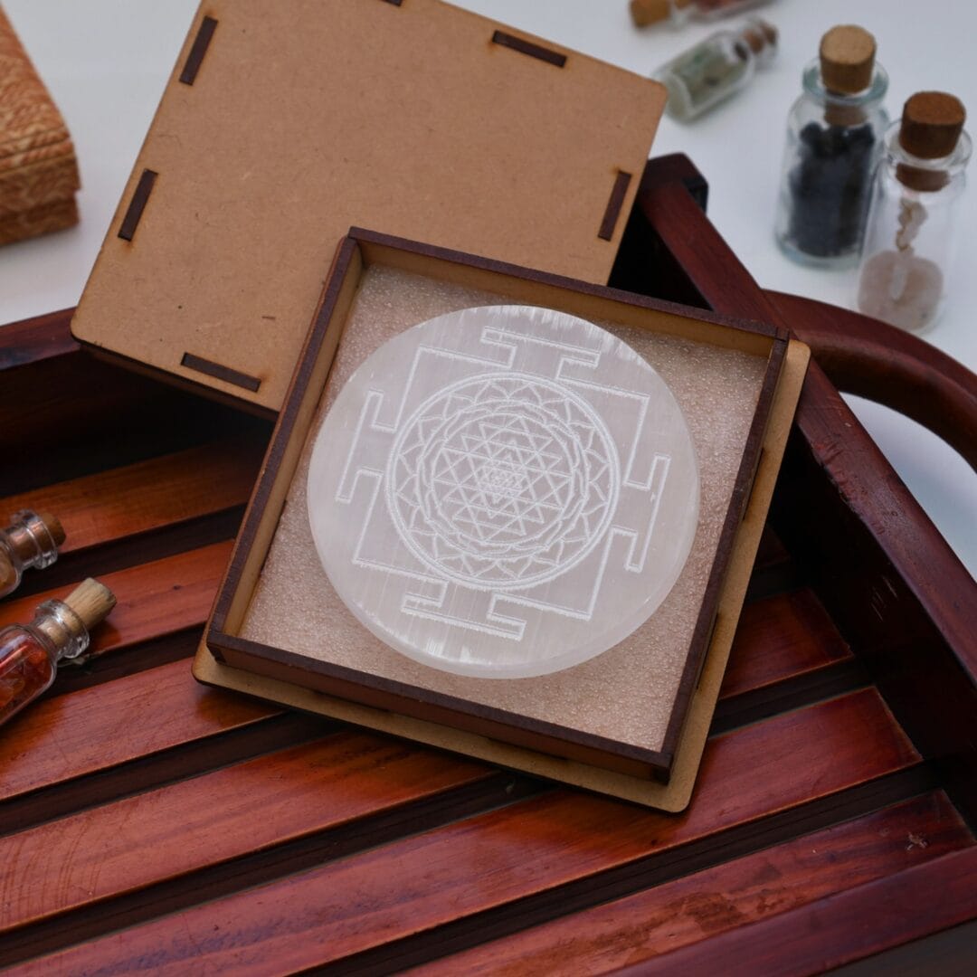 Engraved Sri Yantra Selenite Charging Plate With Wooden Box (Cleansing Energy & Recharging Crystals)