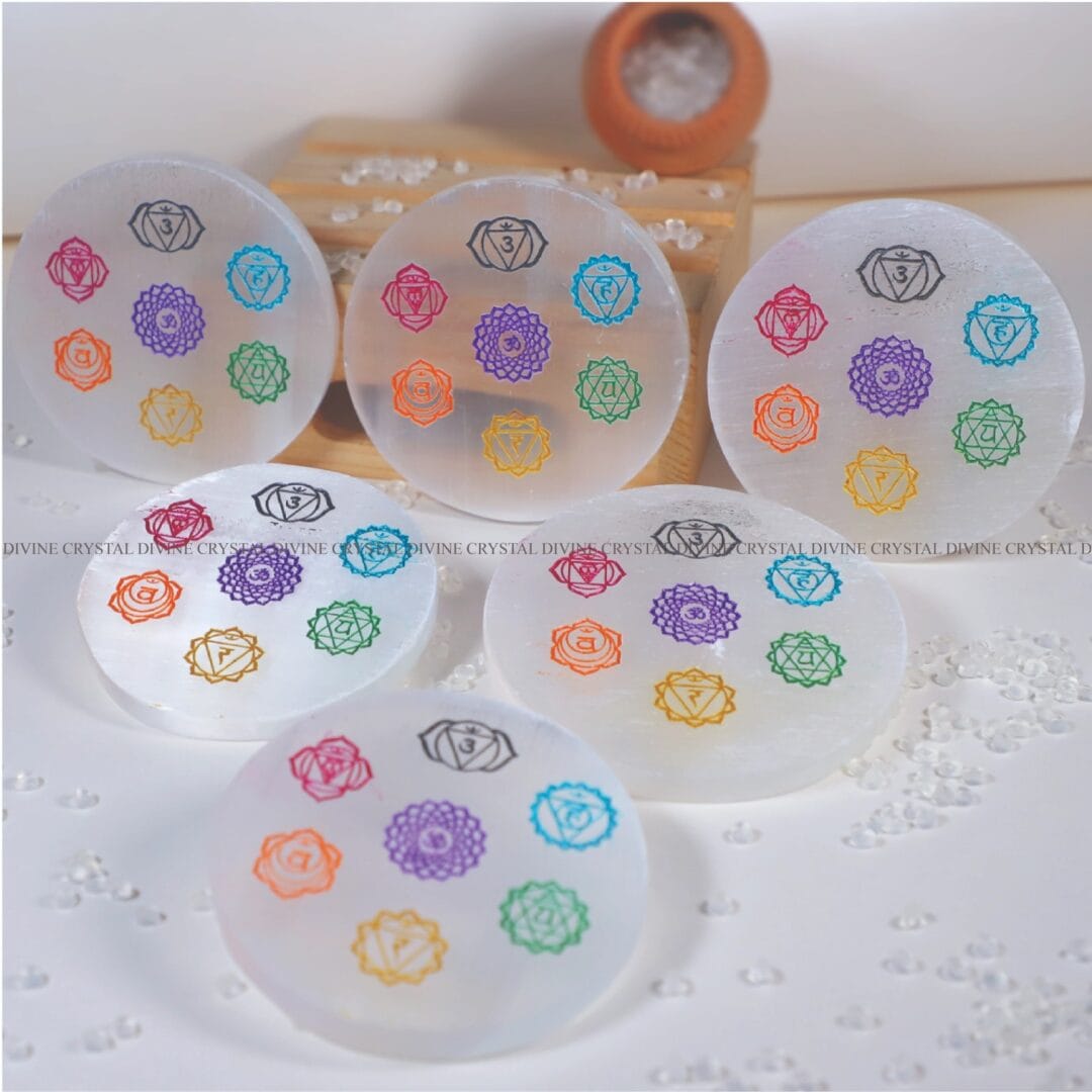 7 Chakra Selenite Charging Plate With Wooden Box (Cleansing Energy & Recharging Crystals)