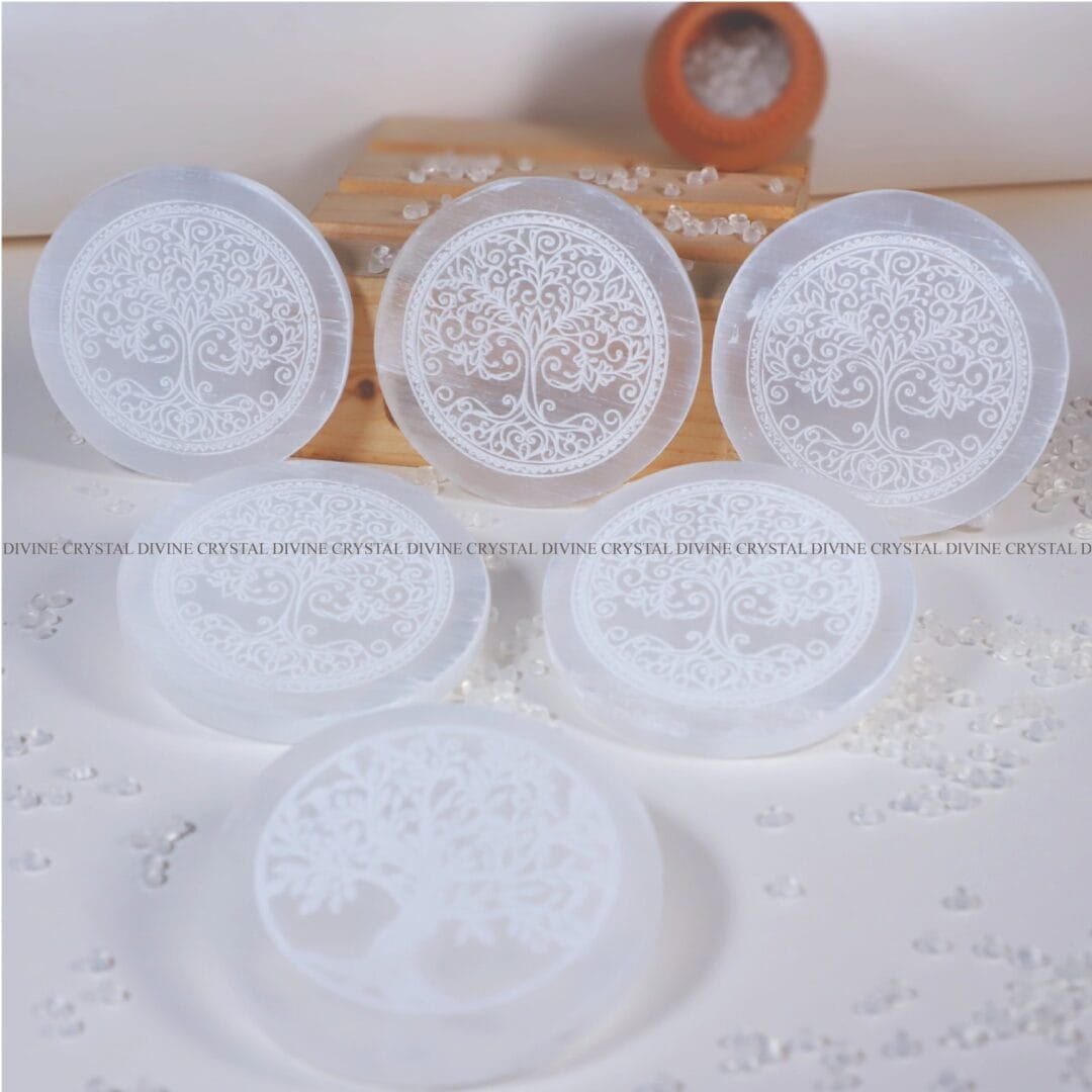 Tree Symbol Selenite Charging Plate With Wooden Box (Cleansing Energy & Recharging Crystals)