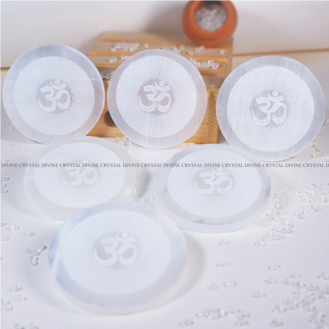 Om Chakra Selenite Charging Plate With Wooden box (Cleansing Energy & Recharging Crystals)