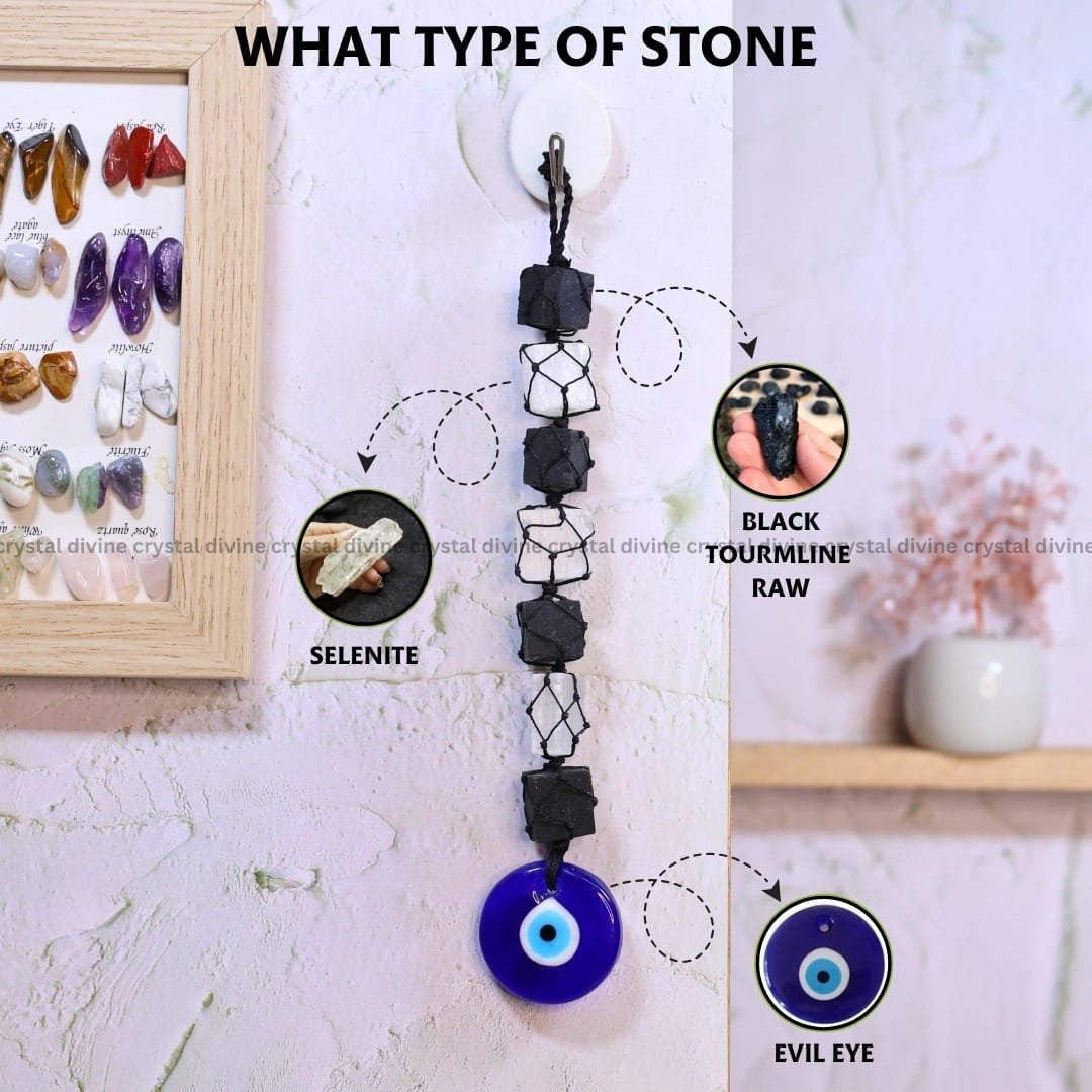 Black Tourmaline & Selenite Hanger With Evil Eyes Hanger (Protection)