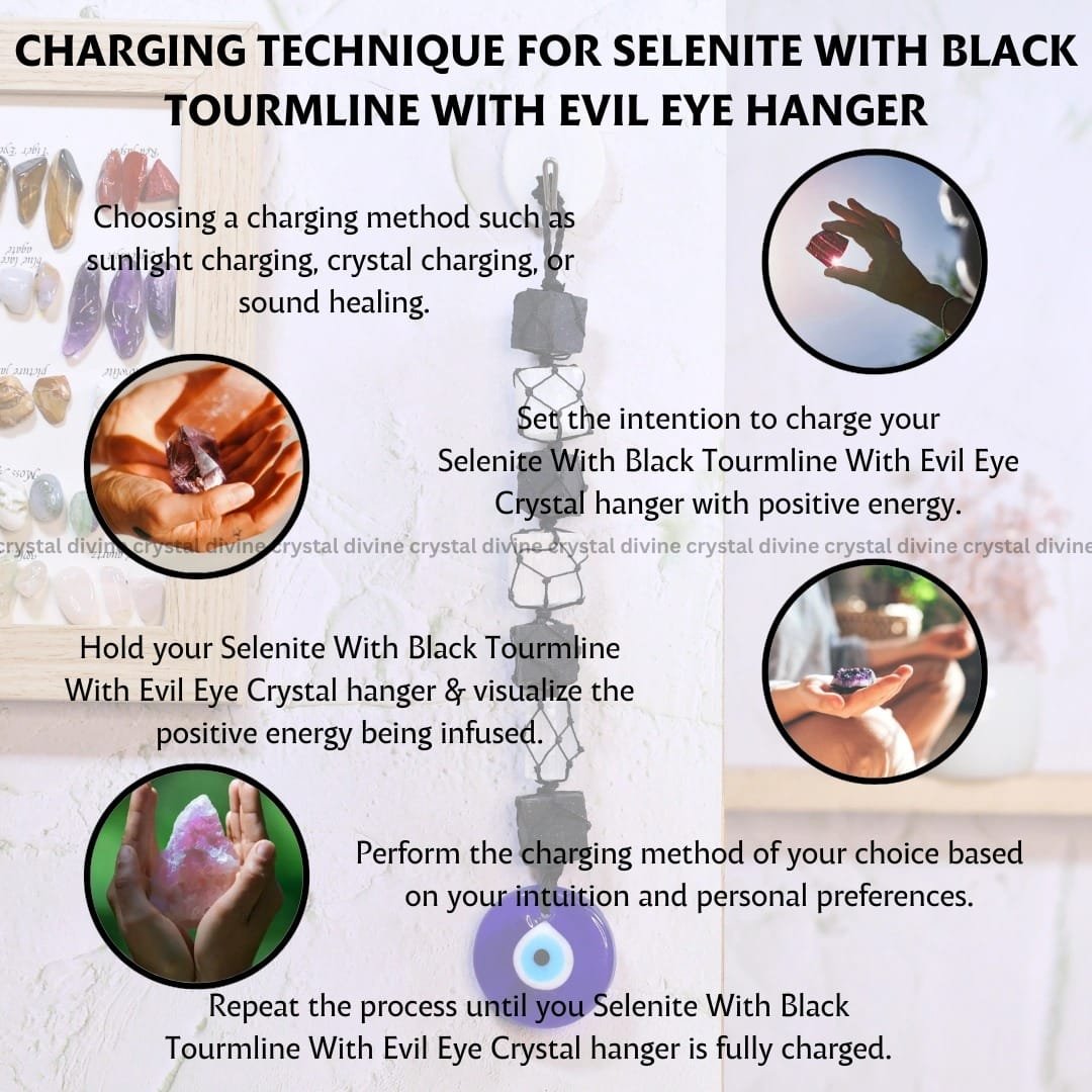 Black Tourmaline & Selenite Hanger With Evil Eyes Hanger (Protection)