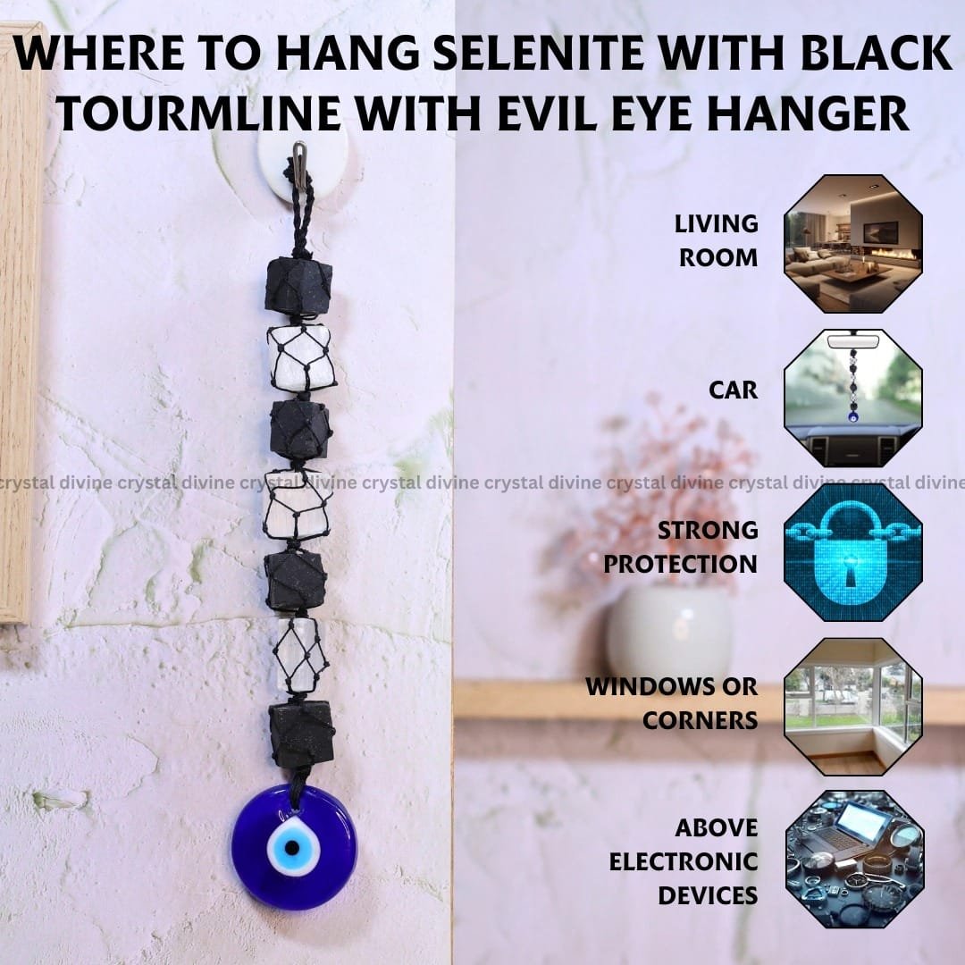 Black Tourmaline & Selenite Hanger With Evil Eyes Hanger (Protection)