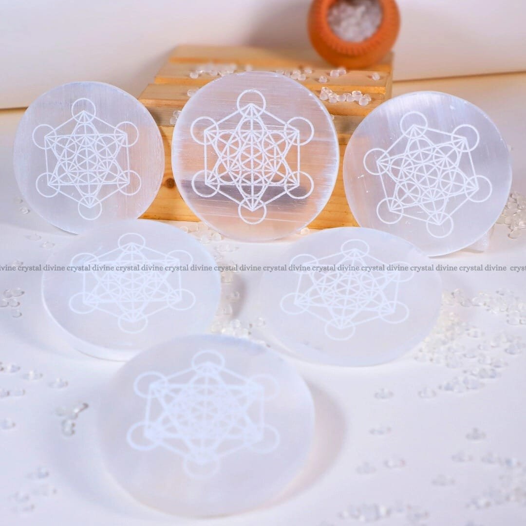 Astro Symbol Selenite Charging Plate With Wooden Box (Cleansing Energy & Recharging Crystals)