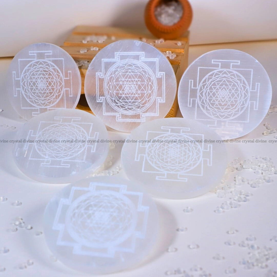 Engraved Sri Yantra Selenite Charging Plate  (Cleansing Energy & Recharging Crystals)