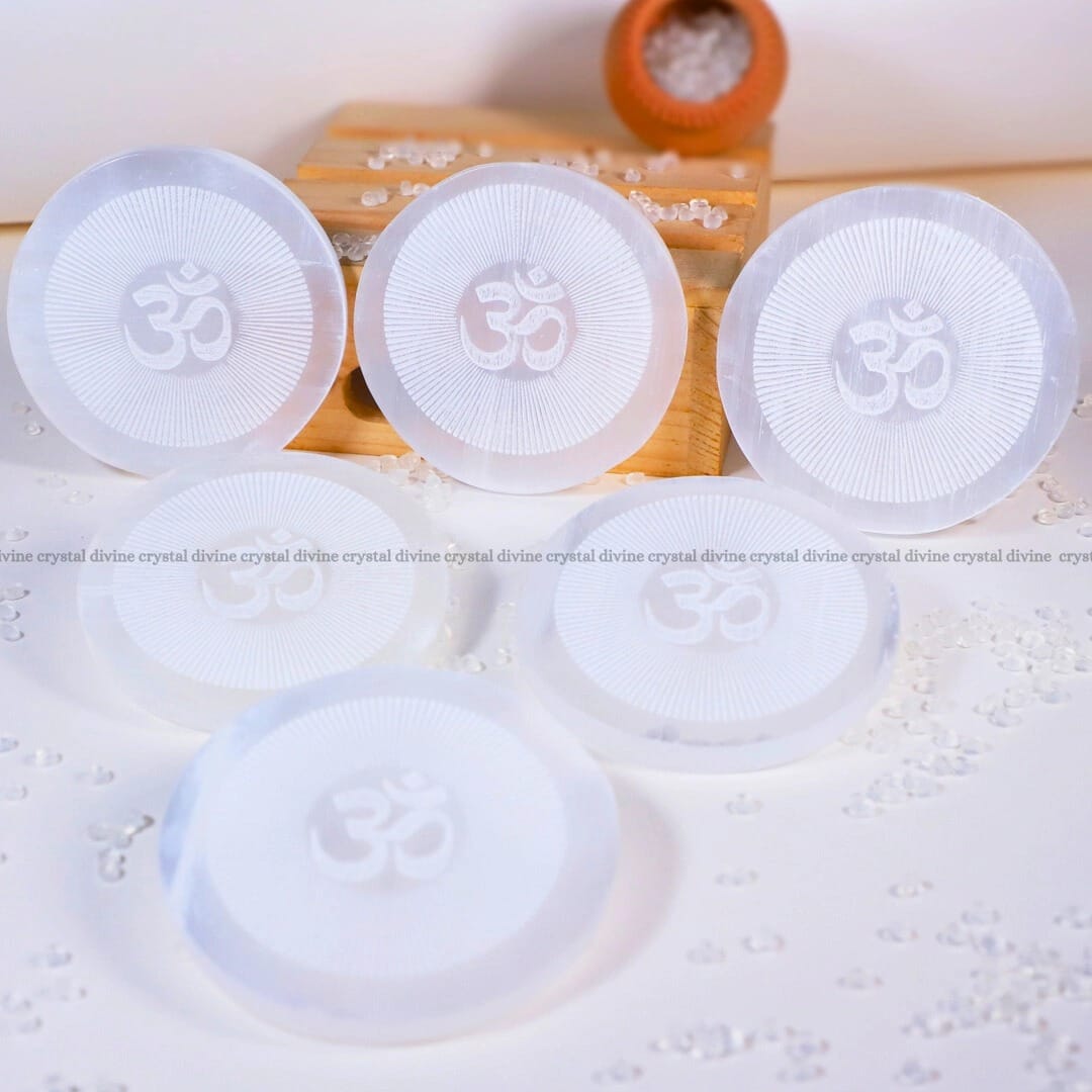 Om Chakra Selenite Charging Plate  (Cleansing Energy & Recharging Crystals)