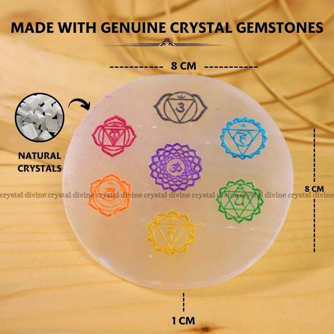 7 Chakra Selenite Charging Plate With Wooden Box (Cleansing Energy & Recharging Crystals)
