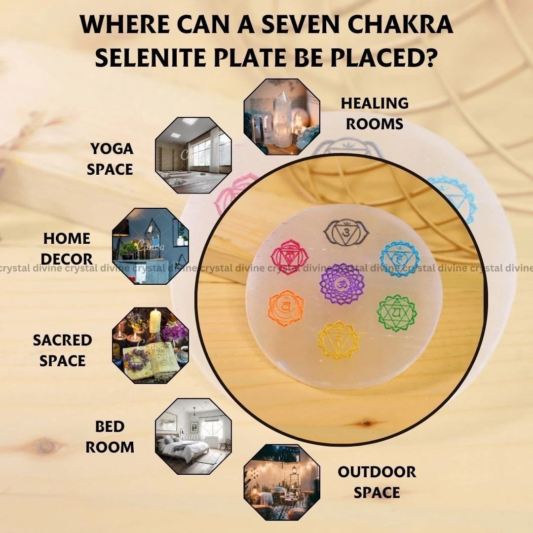 7 Chakra Selenite Charging Plate With Wooden Box (Cleansing Energy & Recharging Crystals)