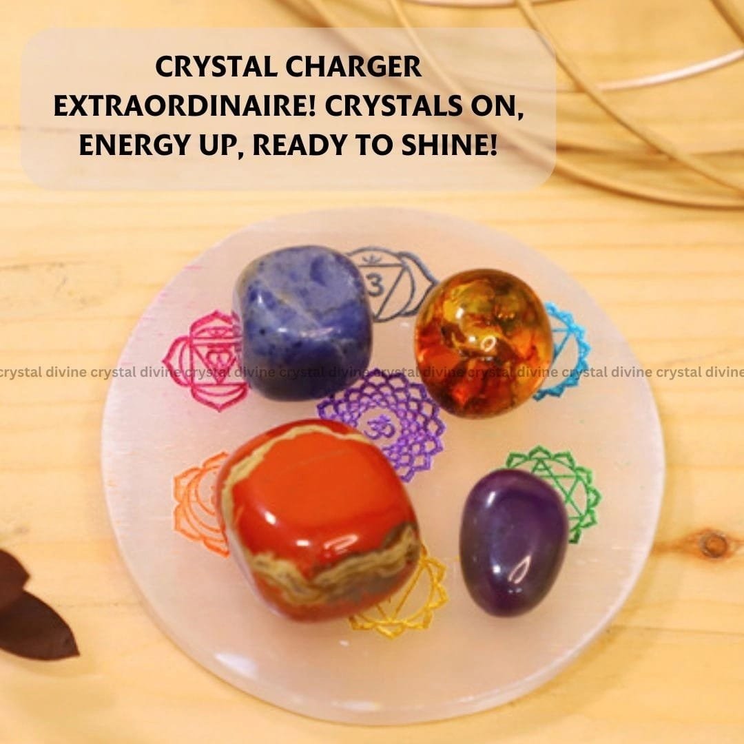 7 Chakra Selenite Charging Plate With Wooden Box (Cleansing Energy & Recharging Crystals)