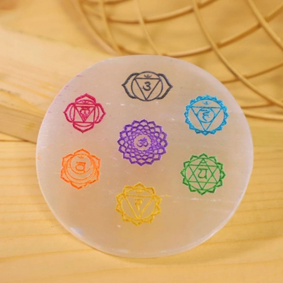 7 Chakra Selenite Charging Plate With Wooden Box (Cleansing Energy & Recharging Crystals)