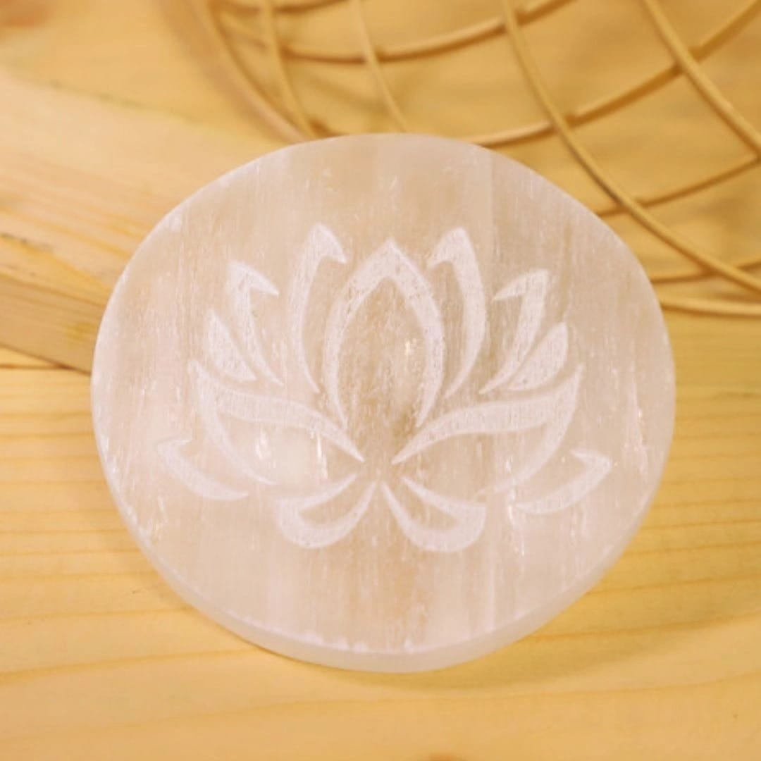 Lotus Flower Selenite Charging Plate With Wooden Box (Cleansing Energy & Recharging Crystals)