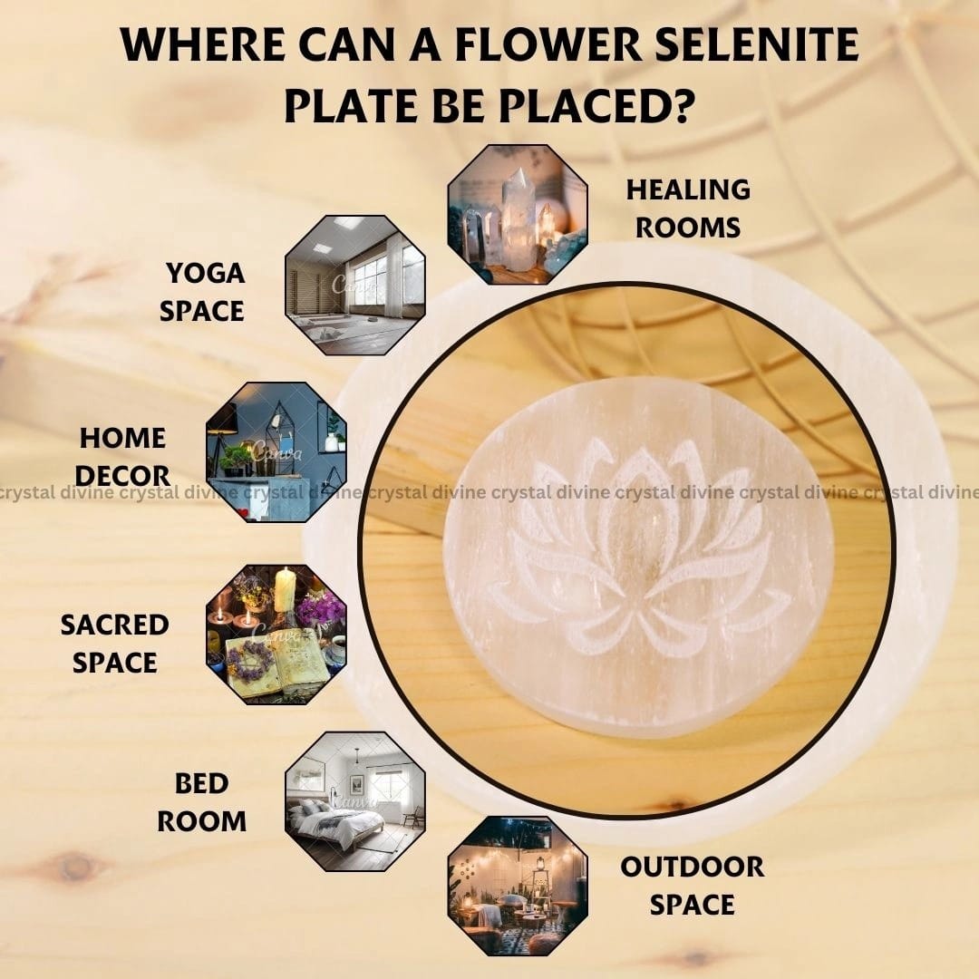 Lotus Flower Selenite Charging Plate With Wooden Box (Cleansing Energy & Recharging Crystals)