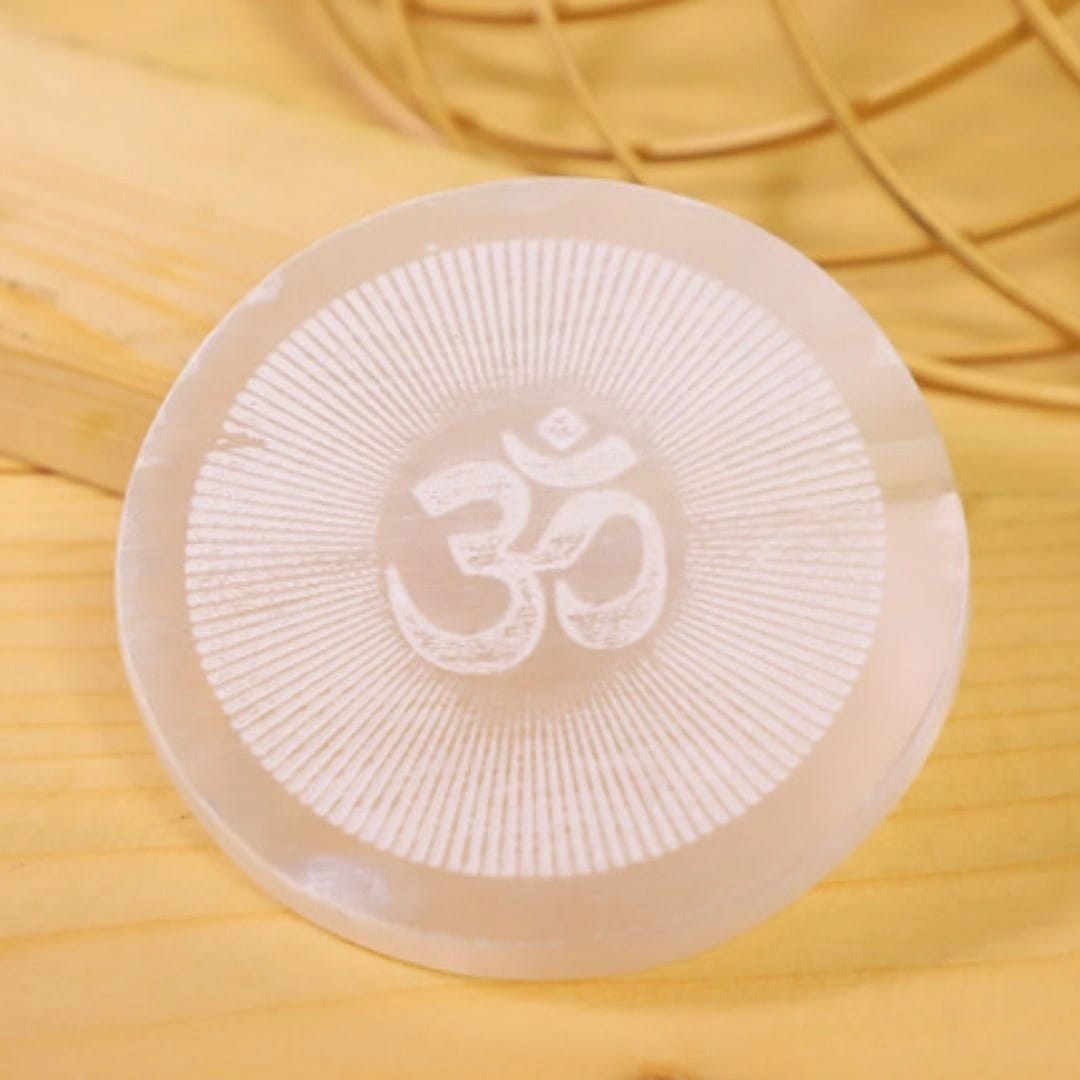 Om Chakra Selenite Charging Plate  (Cleansing Energy & Recharging Crystals)