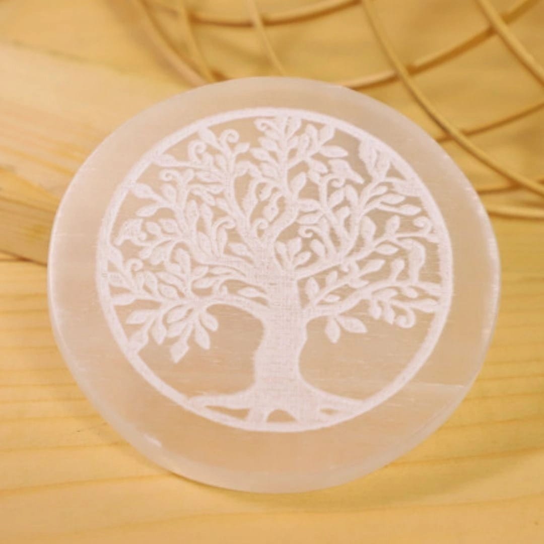 Tree Symbol Selenite Charging Plate With Wooden Box (Cleansing Energy & Recharging Crystals)