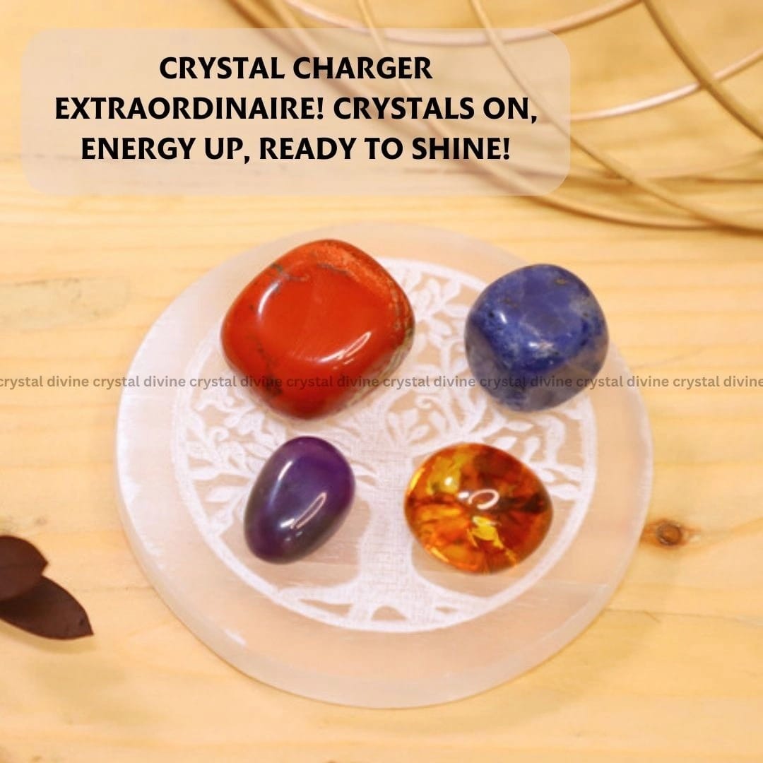 Tree Symbol Selenite Charging Plate With Wooden Box (Cleansing Energy & Recharging Crystals)