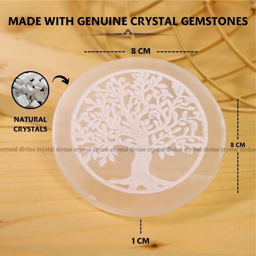 Tree Symbol Selenite Charging Plate With Wooden Box (Cleansing Energy & Recharging Crystals)