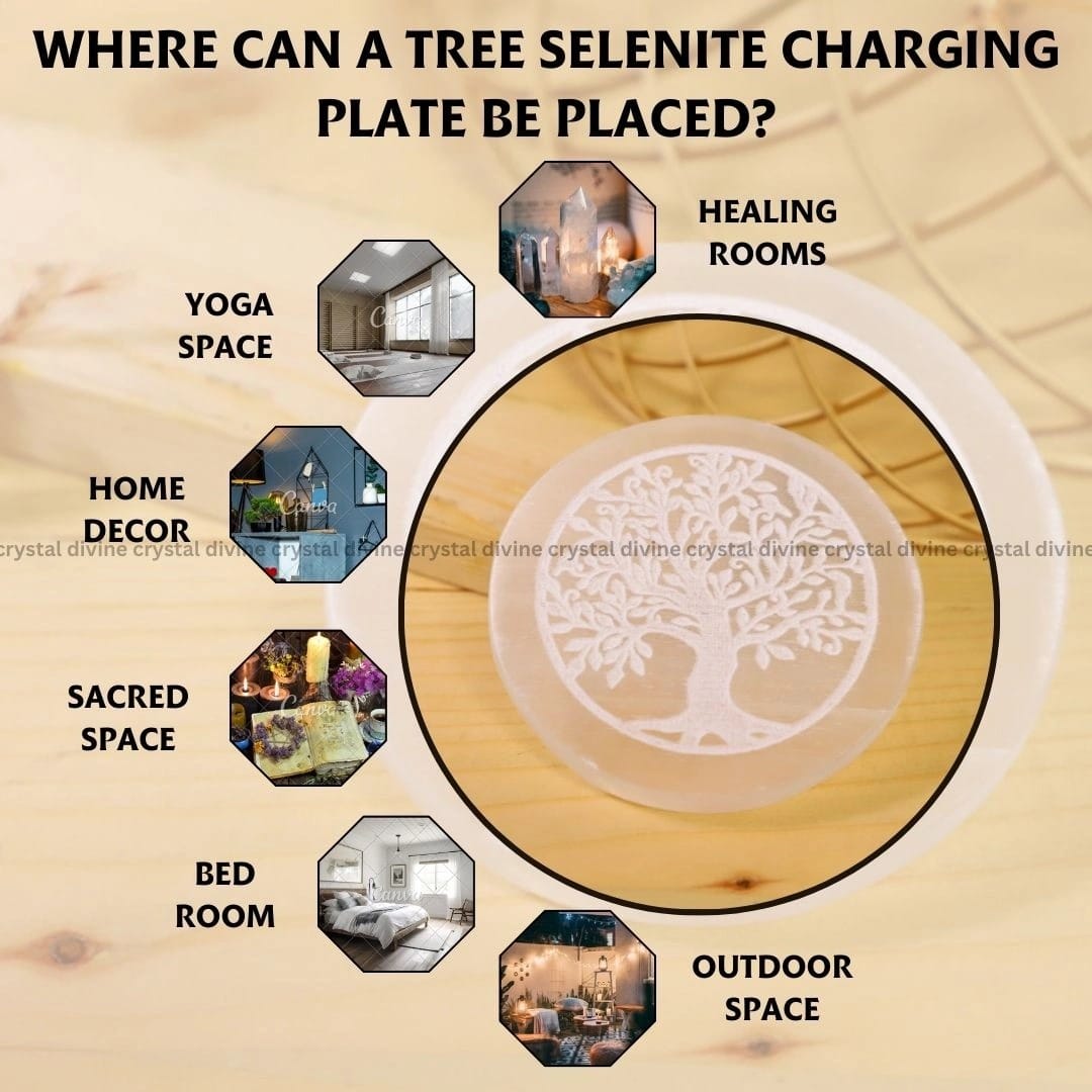 Tree Symbol Selenite Charging Plate With Wooden Box (Cleansing Energy & Recharging Crystals)