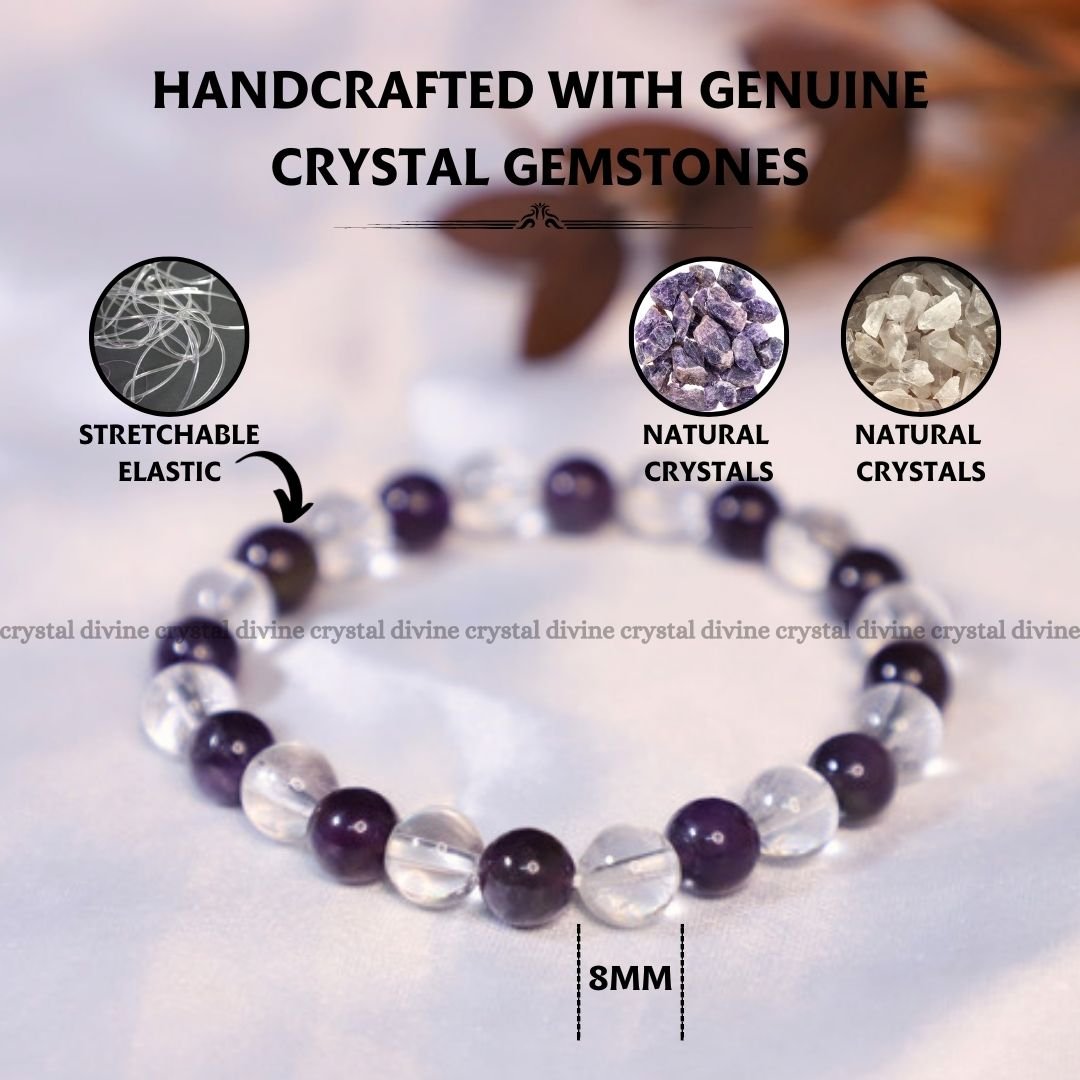 Clear Quartz & Amethyst Bracelet - 8MM (Meditation & Reflection)