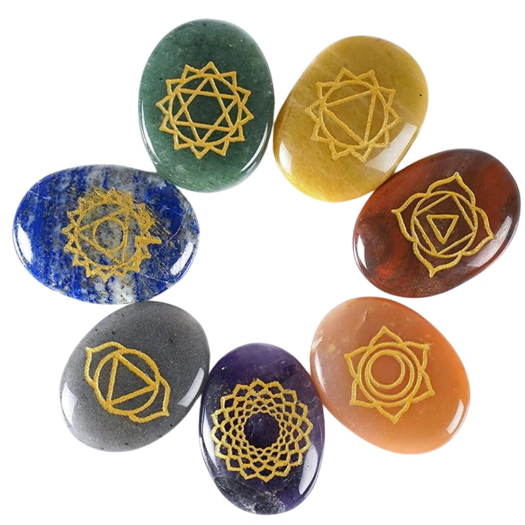 7 Chakra Symbol Coins Engraved Set (Enhanced Meditation Practice)