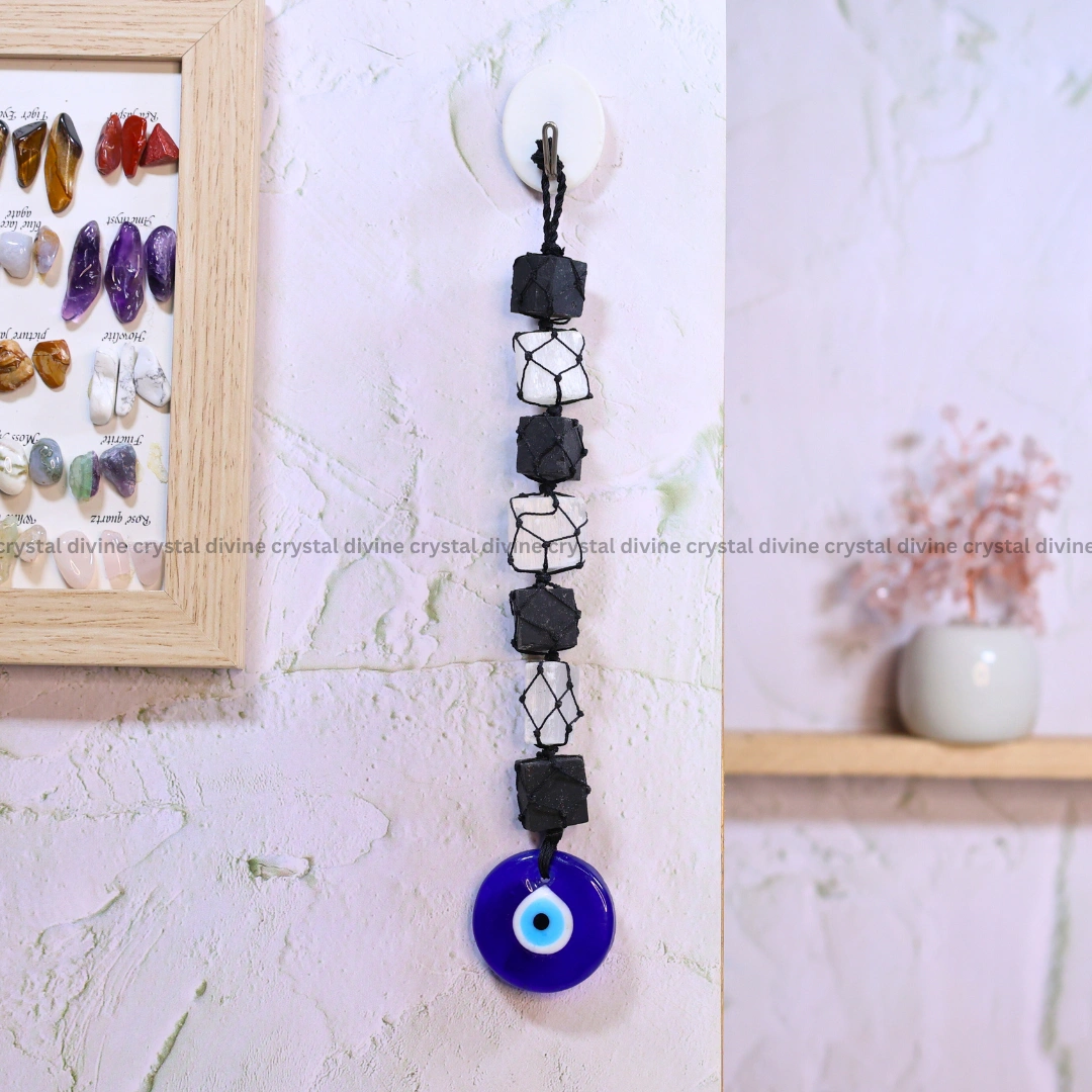 Black Tourmaline & Selenite Hanger With Evil Eyes Hanger (Protection)