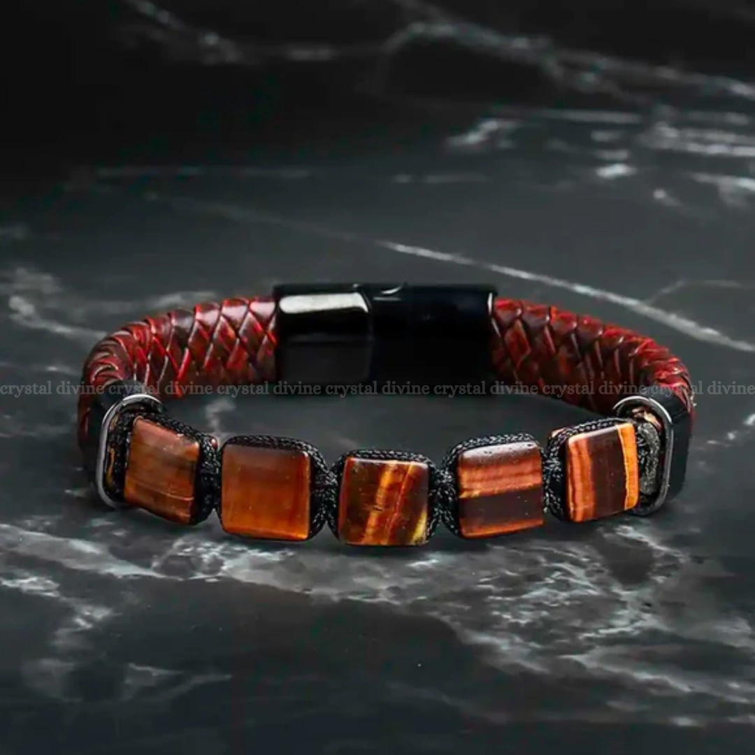 Flat-bead Tiger Eye Leather Bracelet (Focus & Mental Clarity)