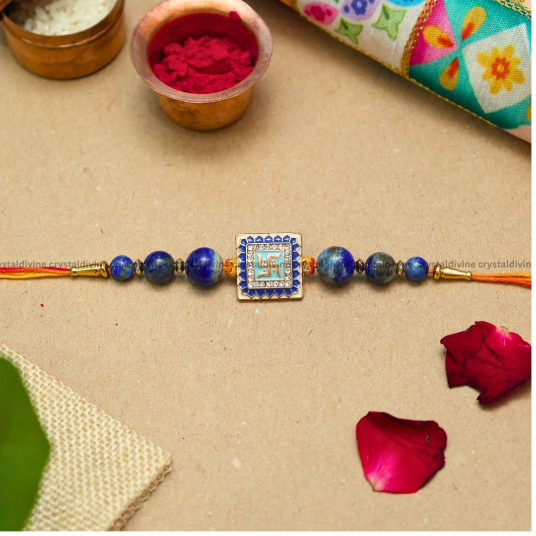 Lapis Lazuli Swastik Crystal Rakhi(Wisdom & Self-Confidence)